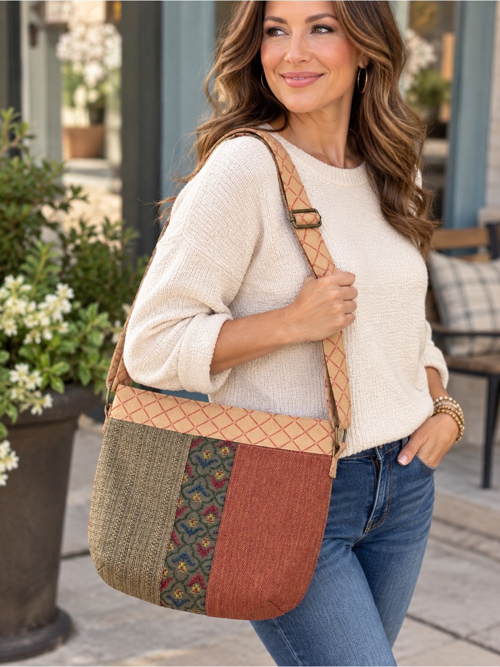 Handmade Patchwork Shoulder Bag Rust Olive Boho Tapestry Adjustable Strap